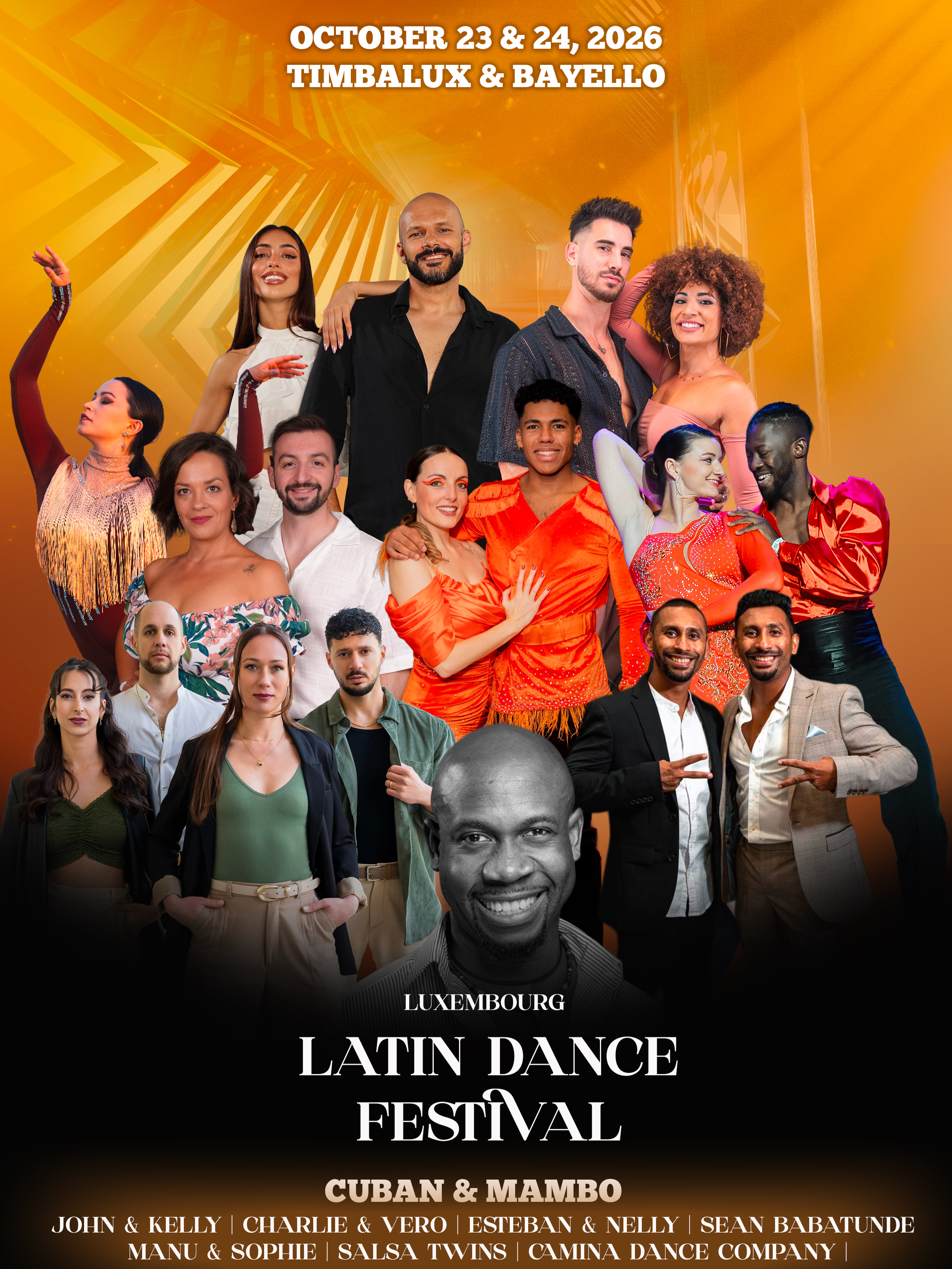 Luxembourg Latin Dance Festival 2026 — lineup featuring John & Kelly, Charlie & Vero, Esteban & Nelly, Sean Babatunde, The Salsa Twins, Camina Dance Company, Manu & Sophie, and more